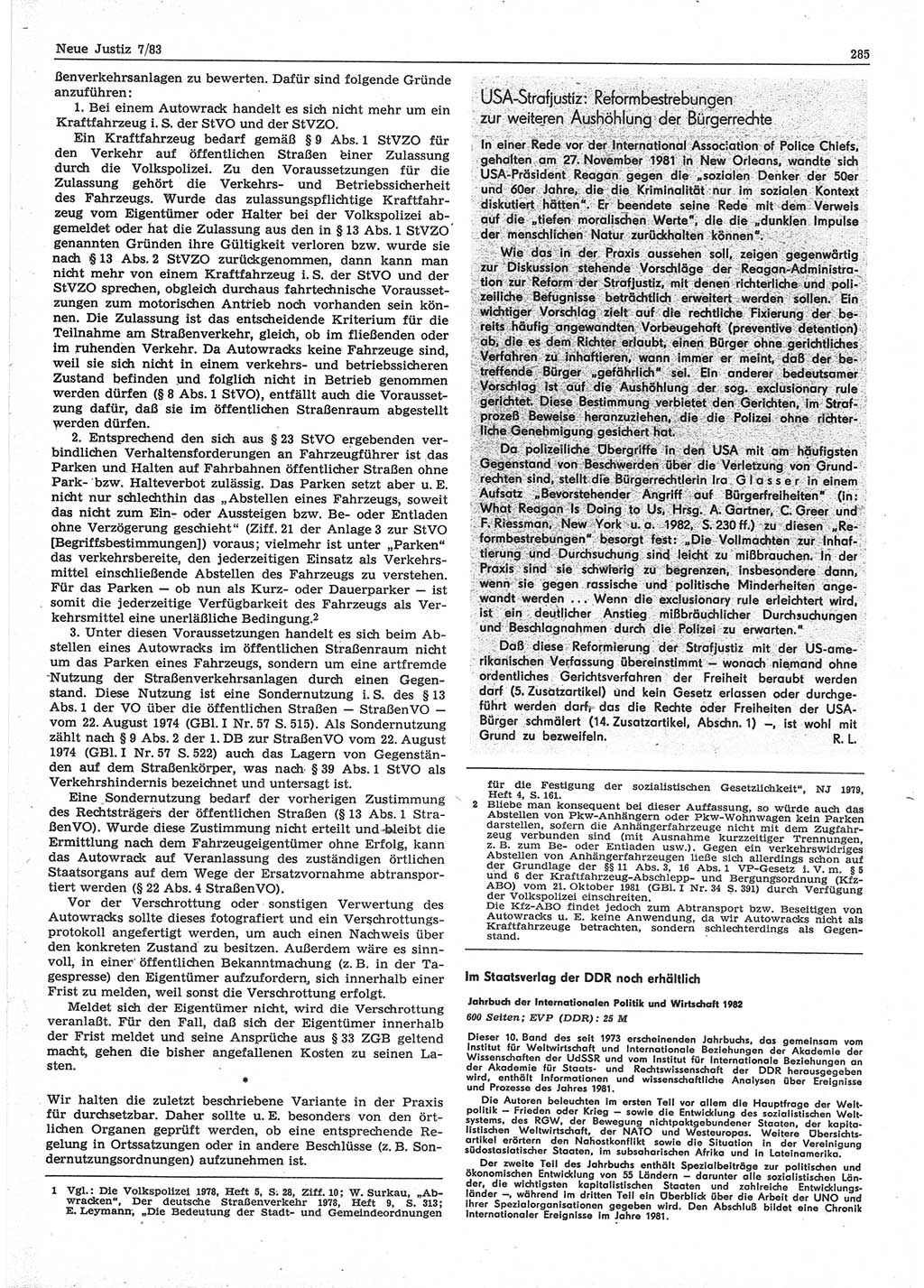 Neue Justiz (NJ), Zeitschrift für sozialistisches Recht und Gesetzlichkeit [Deutsche Demokratische Republik (DDR)], 37. Jahrgang 1983, Seite 285 (NJ DDR 1983, S. 285)