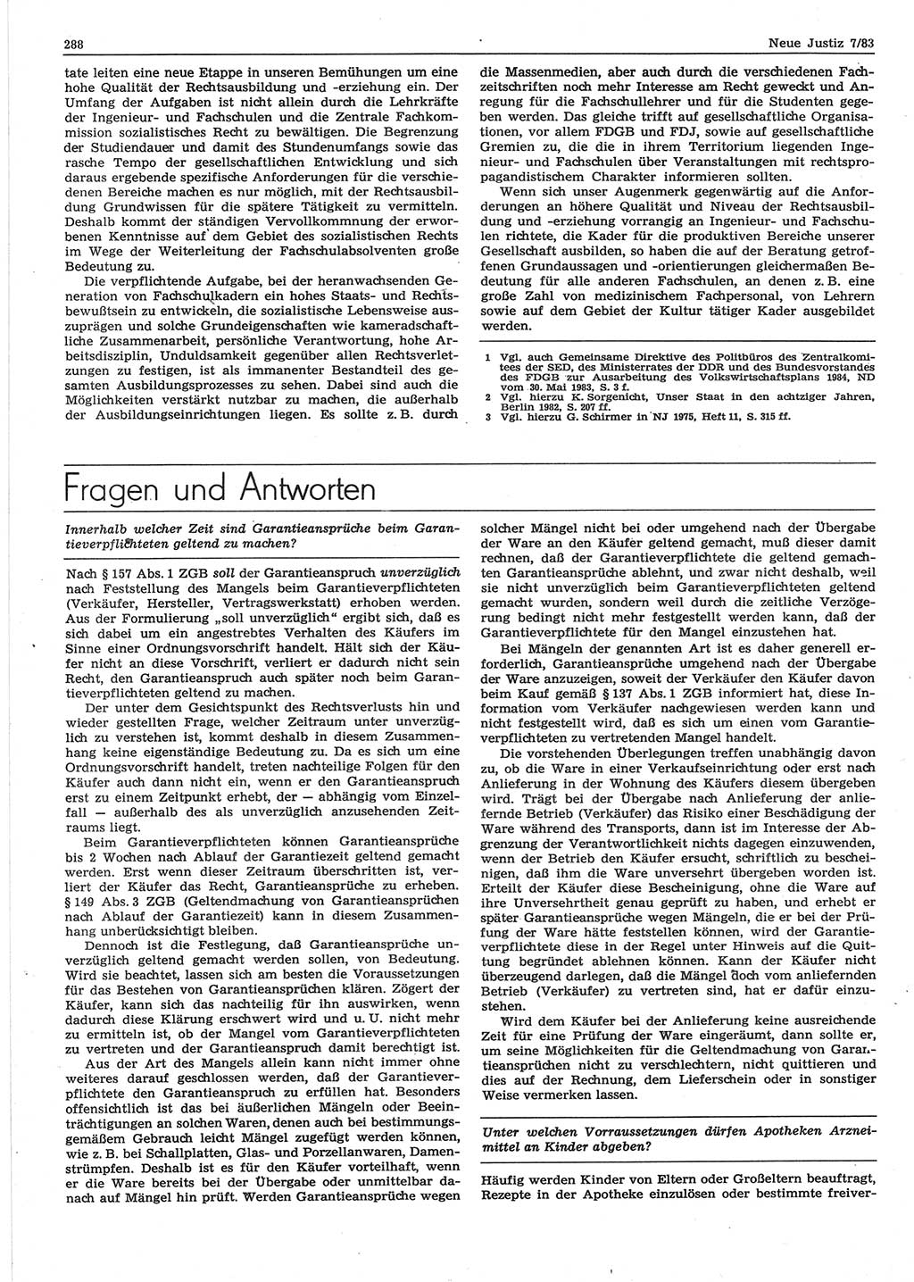 Neue Justiz (NJ), Zeitschrift für sozialistisches Recht und Gesetzlichkeit [Deutsche Demokratische Republik (DDR)], 37. Jahrgang 1983, Seite 288 (NJ DDR 1983, S. 288)