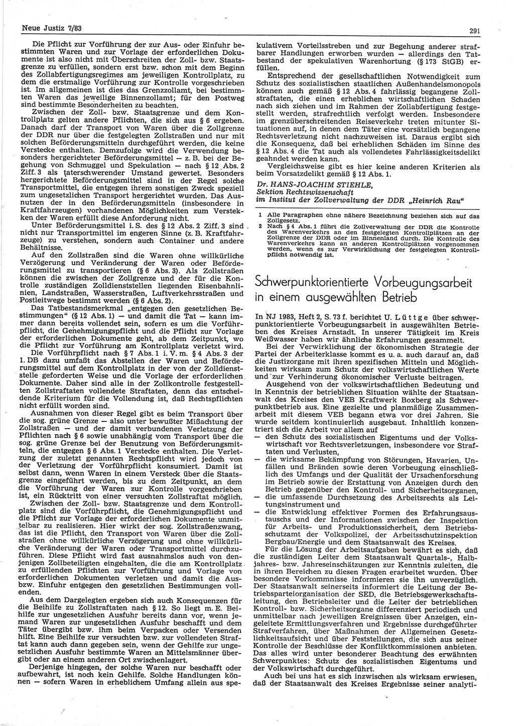 Neue Justiz (NJ), Zeitschrift für sozialistisches Recht und Gesetzlichkeit [Deutsche Demokratische Republik (DDR)], 37. Jahrgang 1983, Seite 291 (NJ DDR 1983, S. 291)