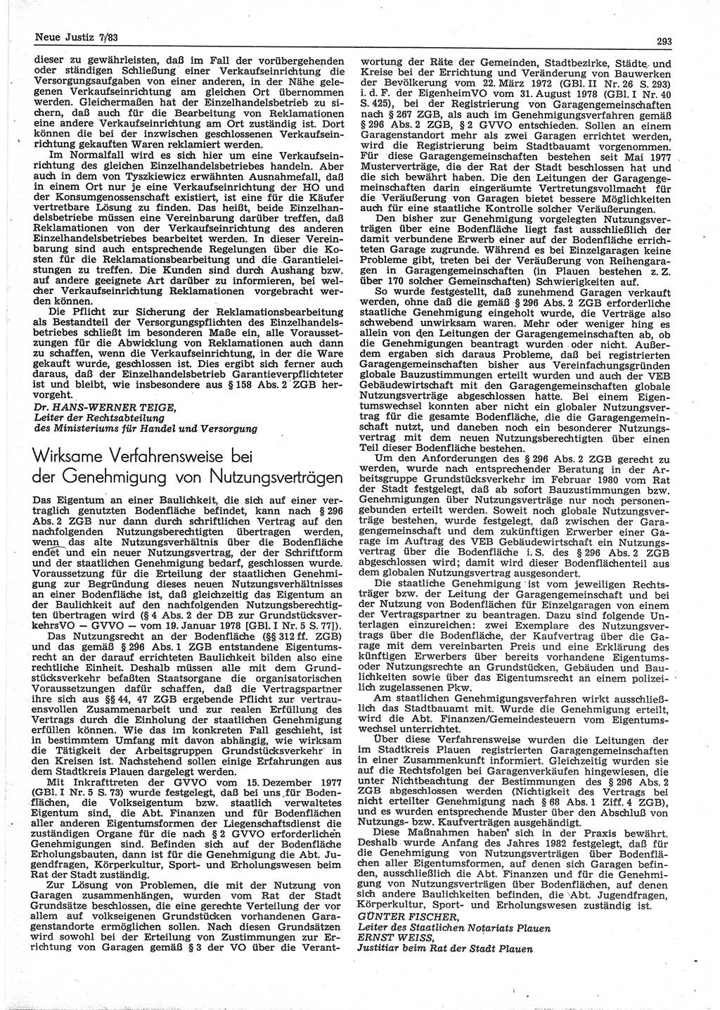 Neue Justiz (NJ), Zeitschrift für sozialistisches Recht und Gesetzlichkeit [Deutsche Demokratische Republik (DDR)], 37. Jahrgang 1983, Seite 293 (NJ DDR 1983, S. 293)