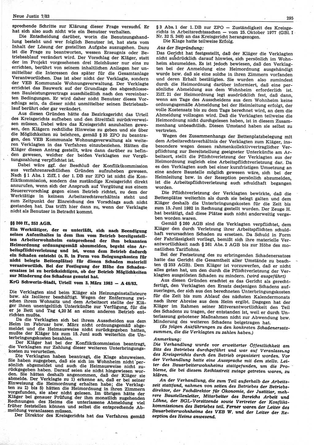 Neue Justiz (NJ), Zeitschrift für sozialistisches Recht und Gesetzlichkeit [Deutsche Demokratische Republik (DDR)], 37. Jahrgang 1983, Seite 295 (NJ DDR 1983, S. 295)