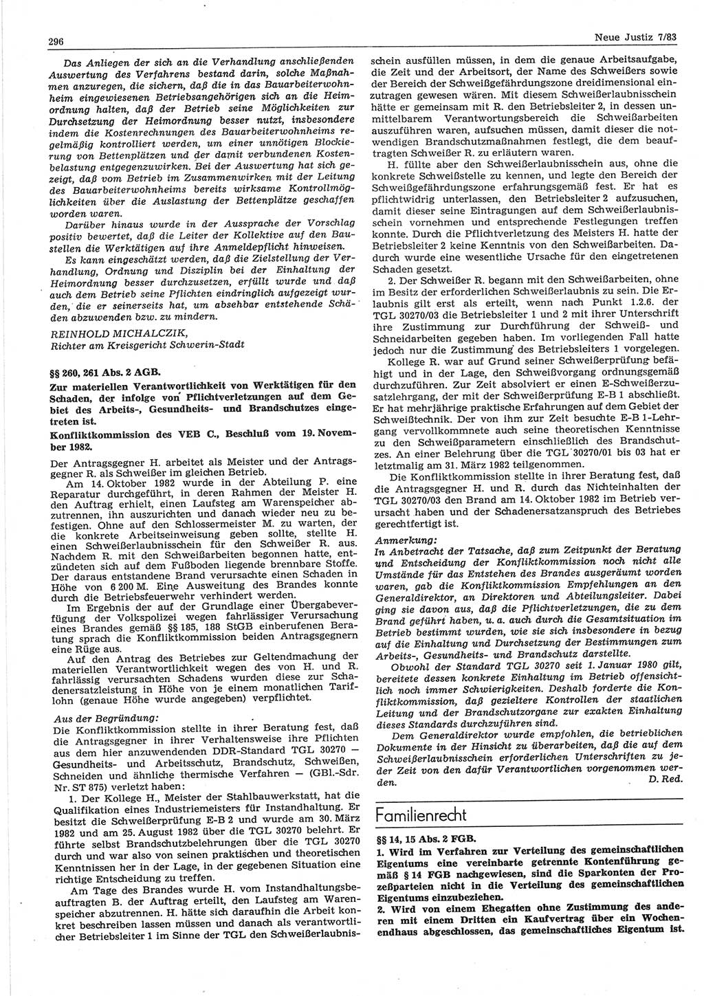 Neue Justiz (NJ), Zeitschrift für sozialistisches Recht und Gesetzlichkeit [Deutsche Demokratische Republik (DDR)], 37. Jahrgang 1983, Seite 296 (NJ DDR 1983, S. 296)