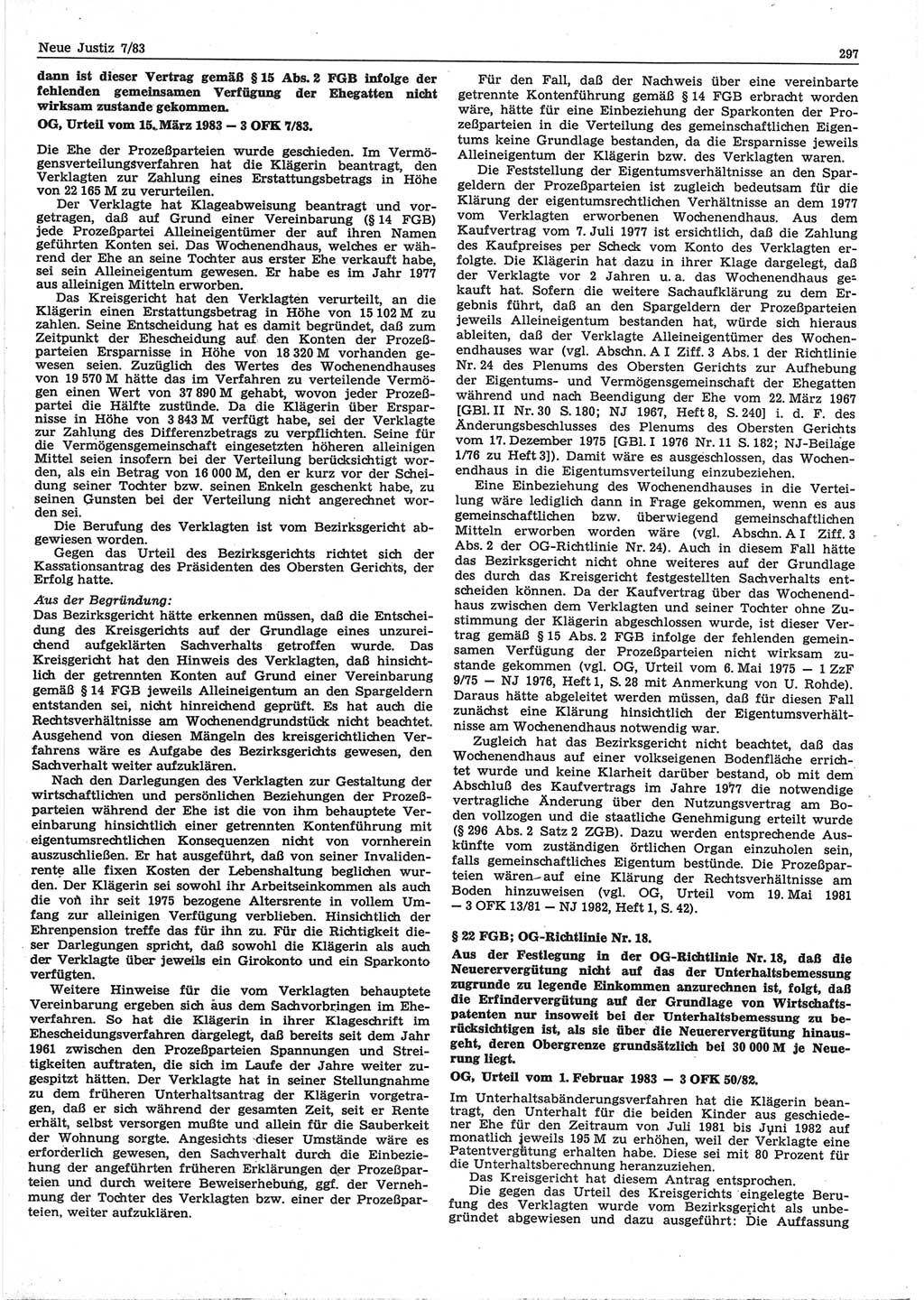 Neue Justiz (NJ), Zeitschrift für sozialistisches Recht und Gesetzlichkeit [Deutsche Demokratische Republik (DDR)], 37. Jahrgang 1983, Seite 297 (NJ DDR 1983, S. 297)