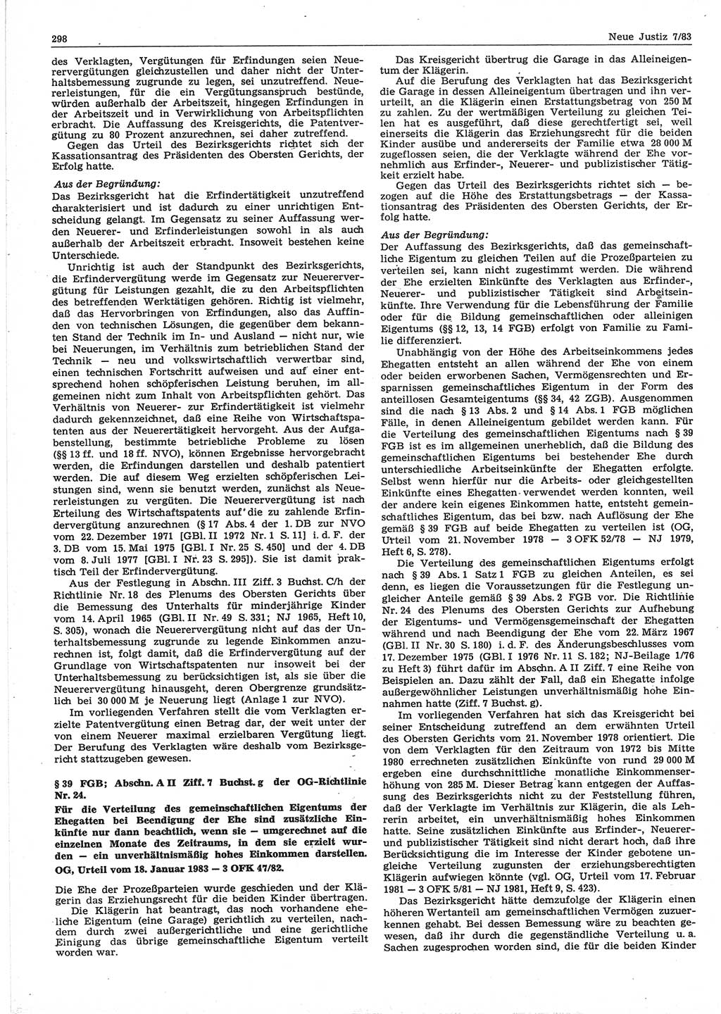Neue Justiz (NJ), Zeitschrift für sozialistisches Recht und Gesetzlichkeit [Deutsche Demokratische Republik (DDR)], 37. Jahrgang 1983, Seite 298 (NJ DDR 1983, S. 298)