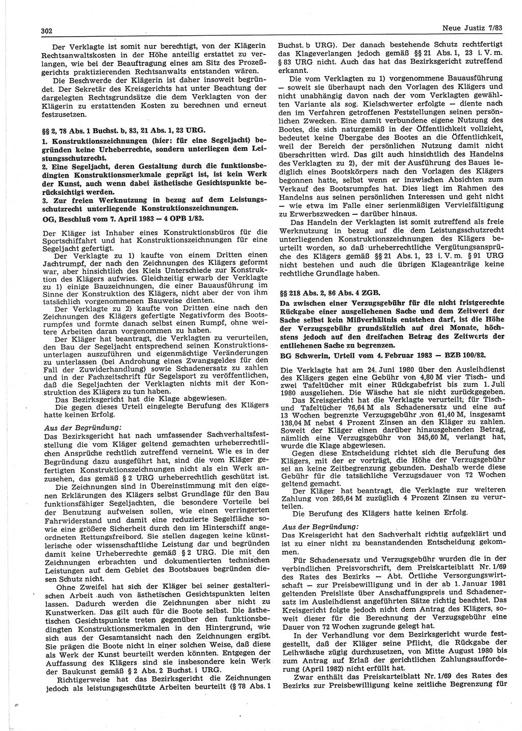 Neue Justiz (NJ), Zeitschrift für sozialistisches Recht und Gesetzlichkeit [Deutsche Demokratische Republik (DDR)], 37. Jahrgang 1983, Seite 302 (NJ DDR 1983, S. 302)