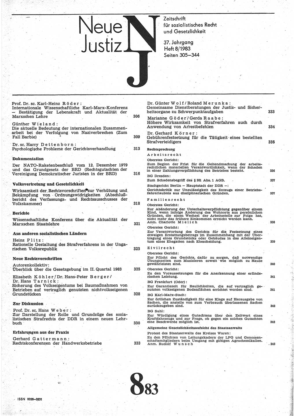 Neue Justiz (NJ), Zeitschrift für sozialistisches Recht und Gesetzlichkeit [Deutsche Demokratische Republik (DDR)], 37. Jahrgang 1983, Seite 305 (NJ DDR 1983, S. 305)