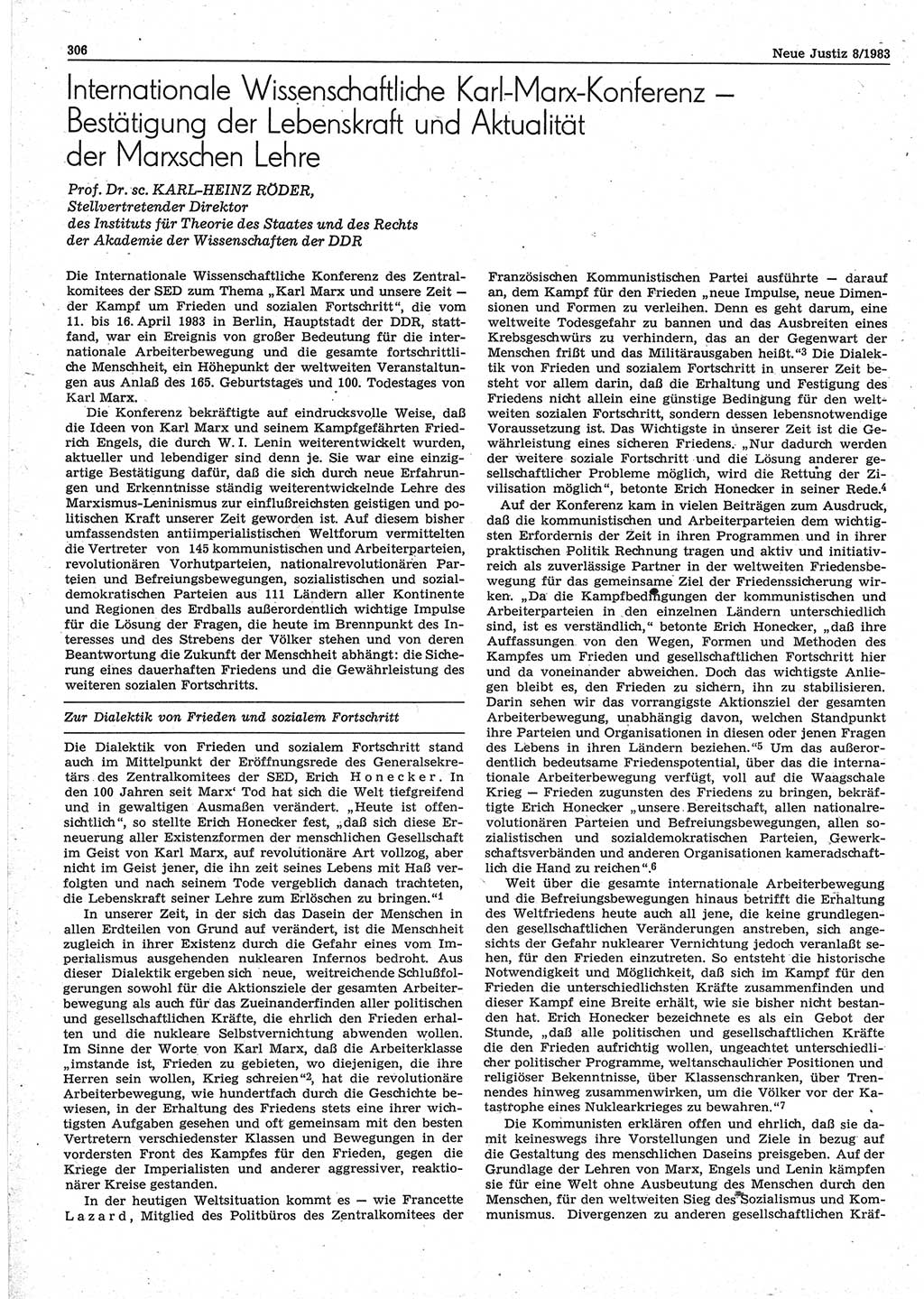 Neue Justiz (NJ), Zeitschrift für sozialistisches Recht und Gesetzlichkeit [Deutsche Demokratische Republik (DDR)], 37. Jahrgang 1983, Seite 306 (NJ DDR 1983, S. 306)