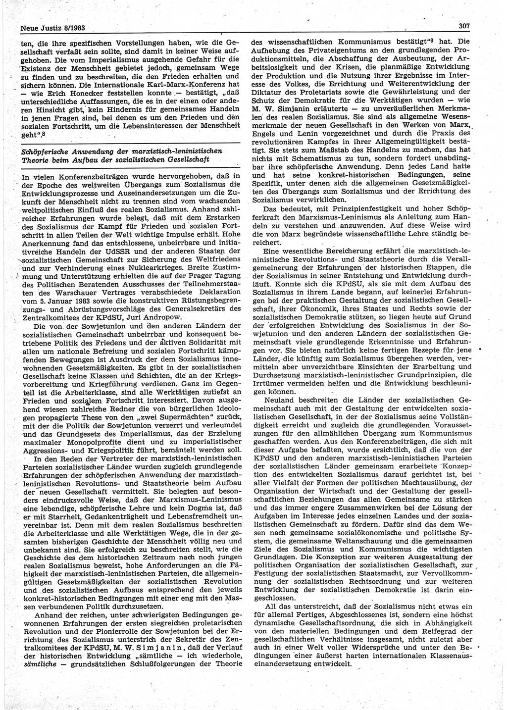 Neue Justiz (NJ), Zeitschrift für sozialistisches Recht und Gesetzlichkeit [Deutsche Demokratische Republik (DDR)], 37. Jahrgang 1983, Seite 307 (NJ DDR 1983, S. 307)