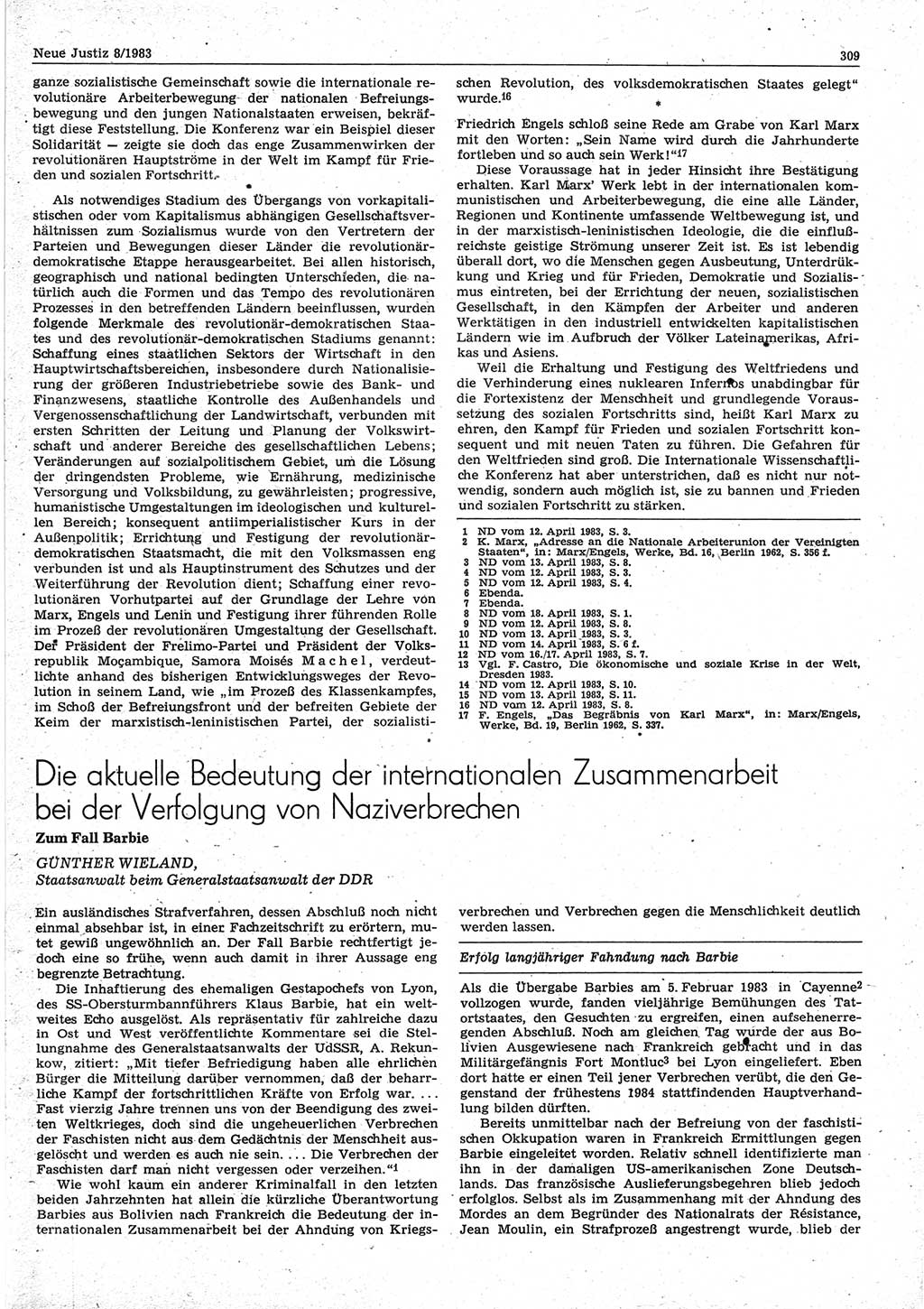 Neue Justiz (NJ), Zeitschrift für sozialistisches Recht und Gesetzlichkeit [Deutsche Demokratische Republik (DDR)], 37. Jahrgang 1983, Seite 309 (NJ DDR 1983, S. 309)