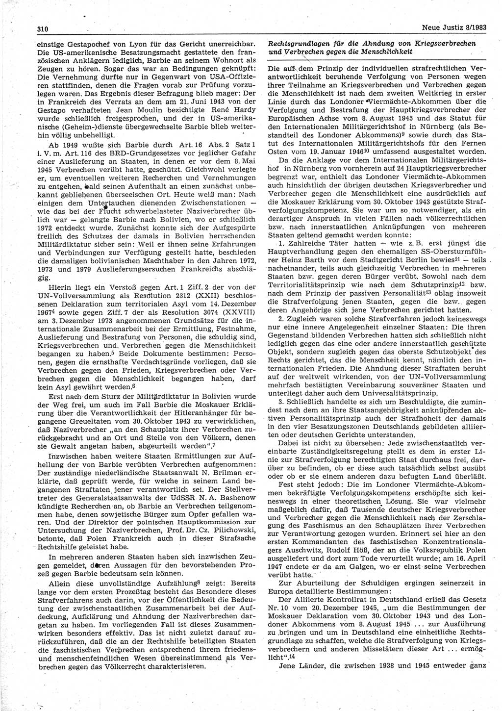 Neue Justiz (NJ), Zeitschrift für sozialistisches Recht und Gesetzlichkeit [Deutsche Demokratische Republik (DDR)], 37. Jahrgang 1983, Seite 310 (NJ DDR 1983, S. 310)