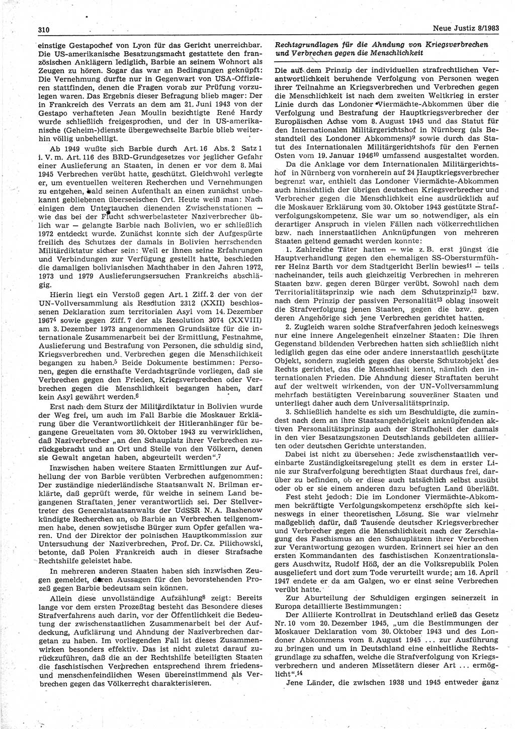 Neue Justiz (NJ), Zeitschrift für sozialistisches Recht und Gesetzlichkeit [Deutsche Demokratische Republik (DDR)], 37. Jahrgang 1983, Seite 310 (NJ DDR 1983, S. 310)