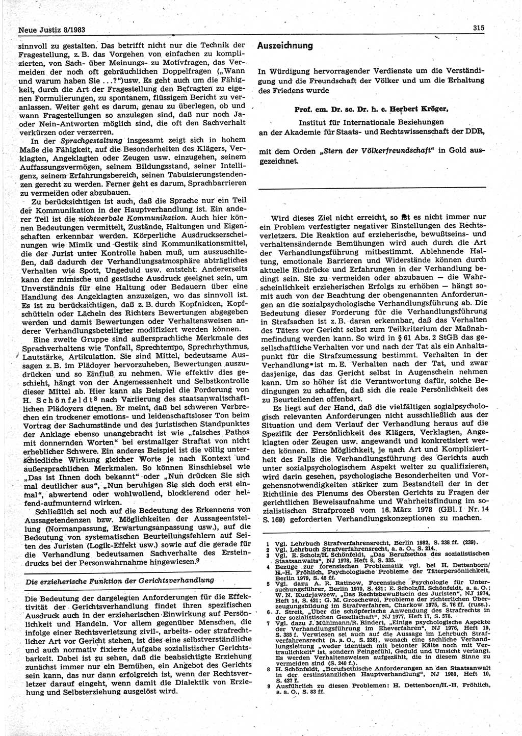 Neue Justiz (NJ), Zeitschrift für sozialistisches Recht und Gesetzlichkeit [Deutsche Demokratische Republik (DDR)], 37. Jahrgang 1983, Seite 315 (NJ DDR 1983, S. 315)