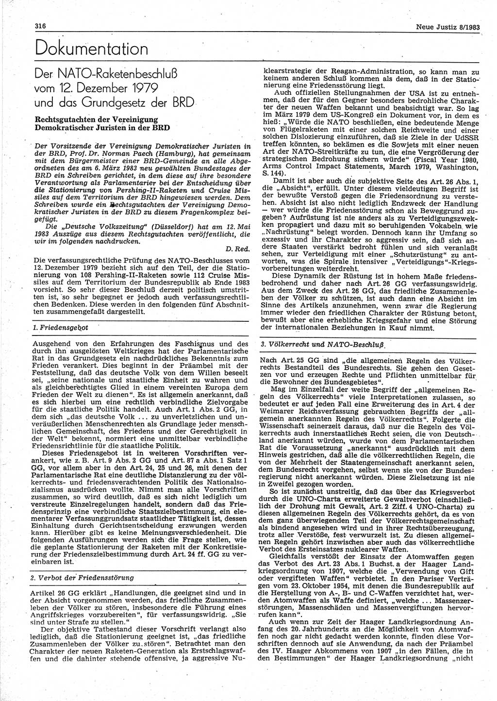 Neue Justiz (NJ), Zeitschrift für sozialistisches Recht und Gesetzlichkeit [Deutsche Demokratische Republik (DDR)], 37. Jahrgang 1983, Seite 316 (NJ DDR 1983, S. 316)