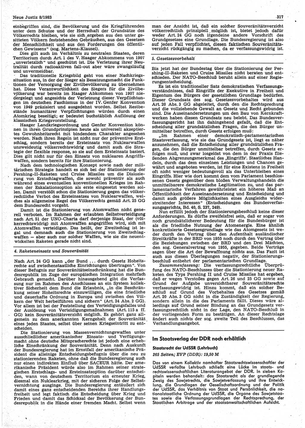 Neue Justiz (NJ), Zeitschrift für sozialistisches Recht und Gesetzlichkeit [Deutsche Demokratische Republik (DDR)], 37. Jahrgang 1983, Seite 317 (NJ DDR 1983, S. 317)