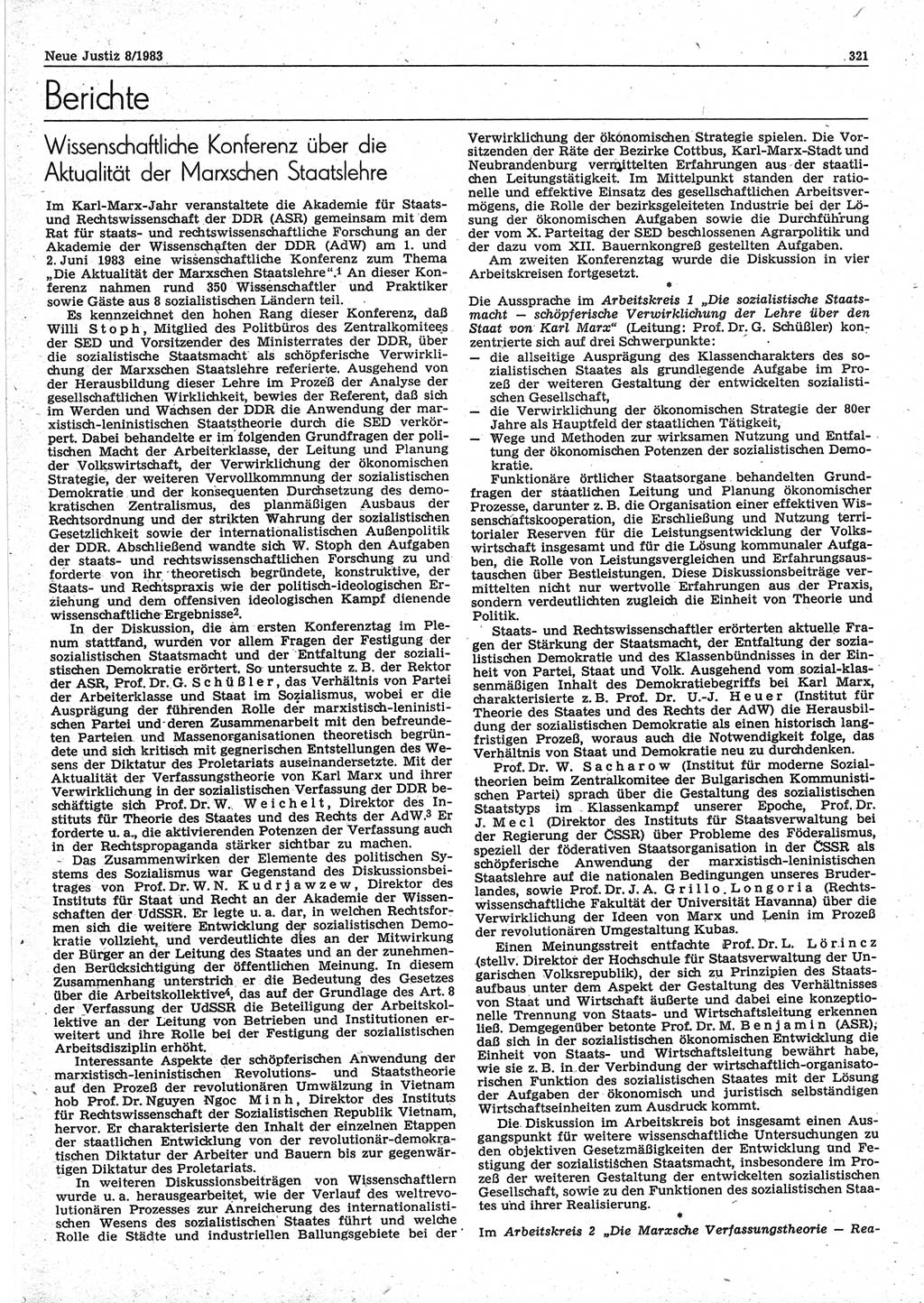 Neue Justiz (NJ), Zeitschrift für sozialistisches Recht und Gesetzlichkeit [Deutsche Demokratische Republik (DDR)], 37. Jahrgang 1983, Seite 321 (NJ DDR 1983, S. 321)