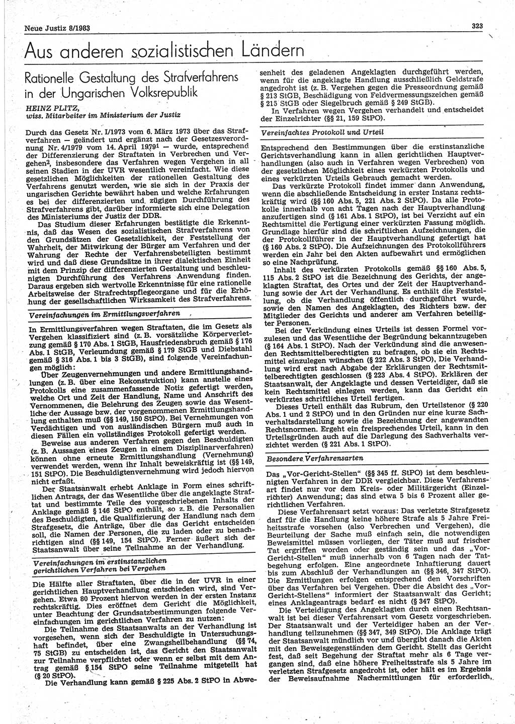 Neue Justiz (NJ), Zeitschrift für sozialistisches Recht und Gesetzlichkeit [Deutsche Demokratische Republik (DDR)], 37. Jahrgang 1983, Seite 323 (NJ DDR 1983, S. 323)
