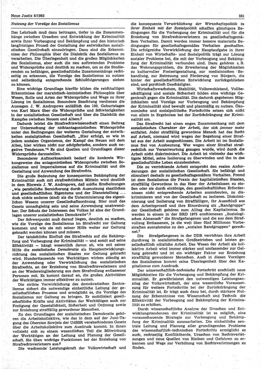 Neue Justiz (NJ), Zeitschrift für sozialistisches Recht und Gesetzlichkeit [Deutsche Demokratische Republik (DDR)], 37. Jahrgang 1983, Seite 331 (NJ DDR 1983, S. 331)
