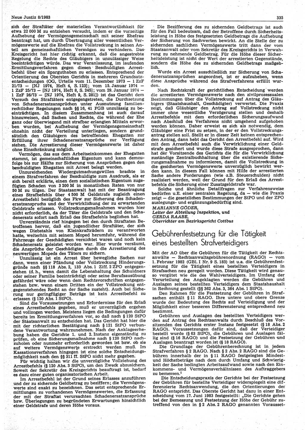 Neue Justiz (NJ), Zeitschrift für sozialistisches Recht und Gesetzlichkeit [Deutsche Demokratische Republik (DDR)], 37. Jahrgang 1983, Seite 335 (NJ DDR 1983, S. 335)