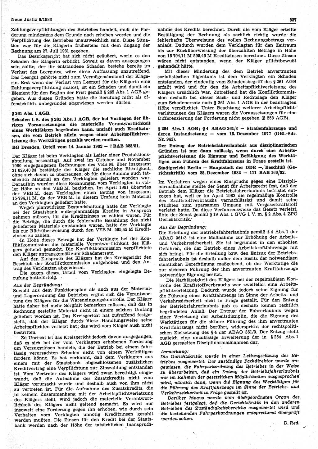 Neue Justiz (NJ), Zeitschrift für sozialistisches Recht und Gesetzlichkeit [Deutsche Demokratische Republik (DDR)], 37. Jahrgang 1983, Seite 337 (NJ DDR 1983, S. 337)