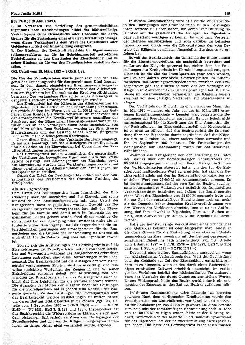 Neue Justiz (NJ), Zeitschrift für sozialistisches Recht und Gesetzlichkeit [Deutsche Demokratische Republik (DDR)], 37. Jahrgang 1983, Seite 339 (NJ DDR 1983, S. 339)