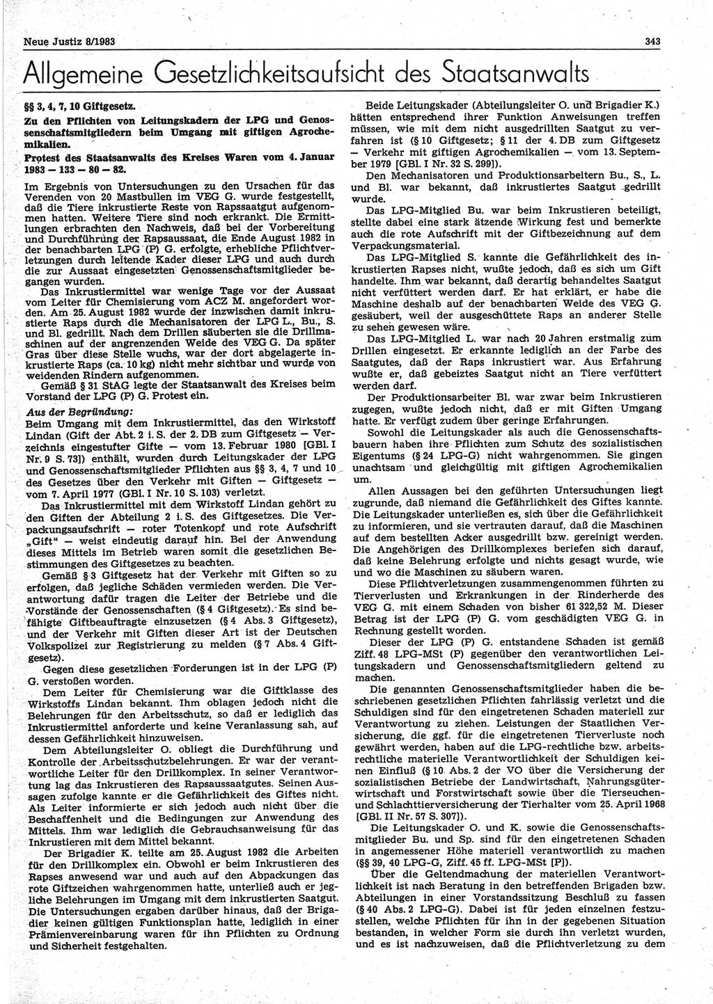 Neue Justiz (NJ), Zeitschrift für sozialistisches Recht und Gesetzlichkeit [Deutsche Demokratische Republik (DDR)], 37. Jahrgang 1983, Seite 343 (NJ DDR 1983, S. 343)