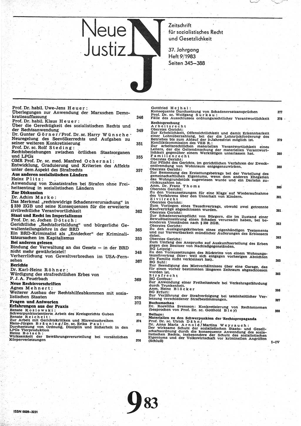 Neue Justiz (NJ), Zeitschrift für sozialistisches Recht und Gesetzlichkeit [Deutsche Demokratische Republik (DDR)], 37. Jahrgang 1983, Seite 345 (NJ DDR 1983, S. 345)
