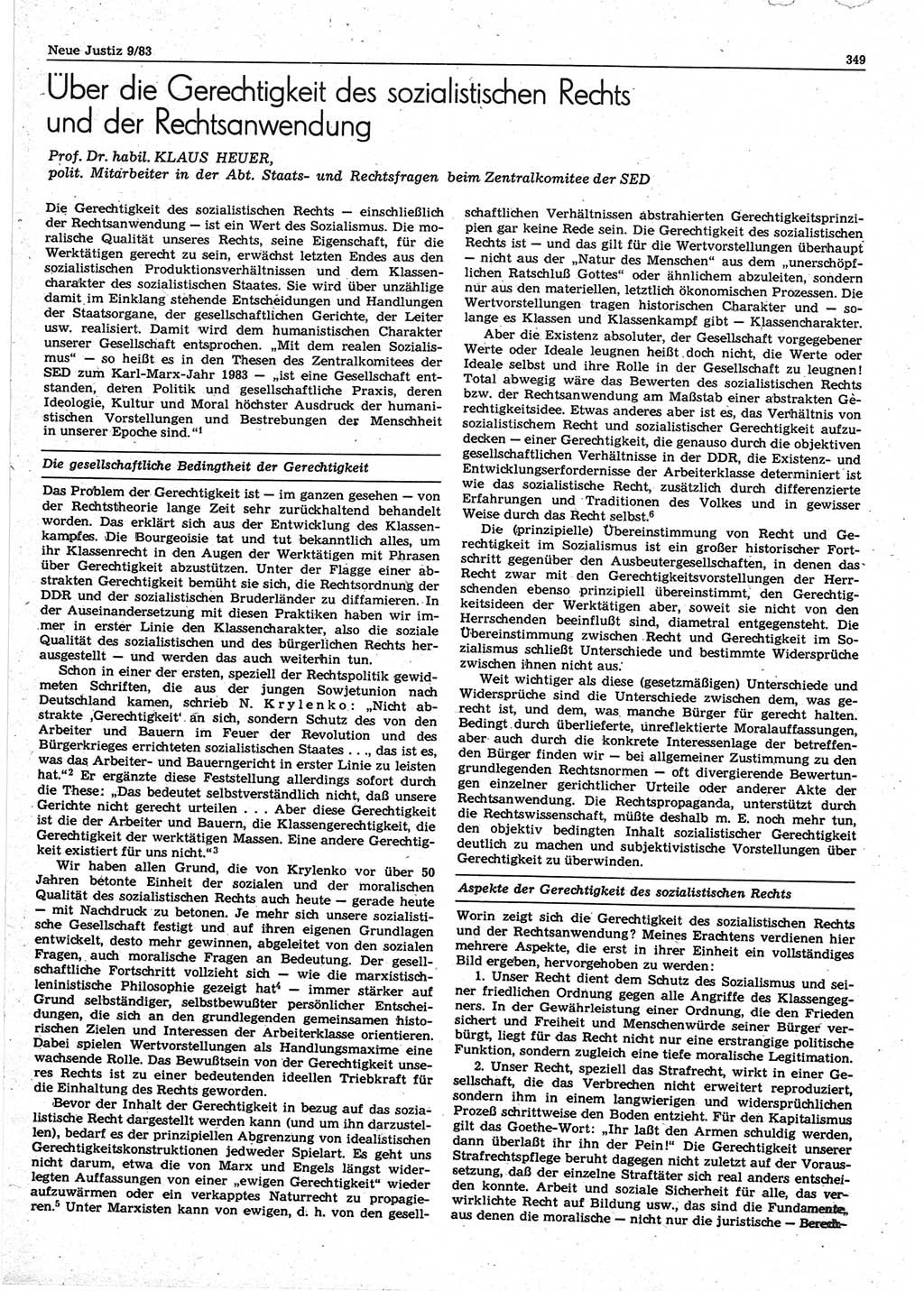 Neue Justiz (NJ), Zeitschrift für sozialistisches Recht und Gesetzlichkeit [Deutsche Demokratische Republik (DDR)], 37. Jahrgang 1983, Seite 349 (NJ DDR 1983, S. 349)