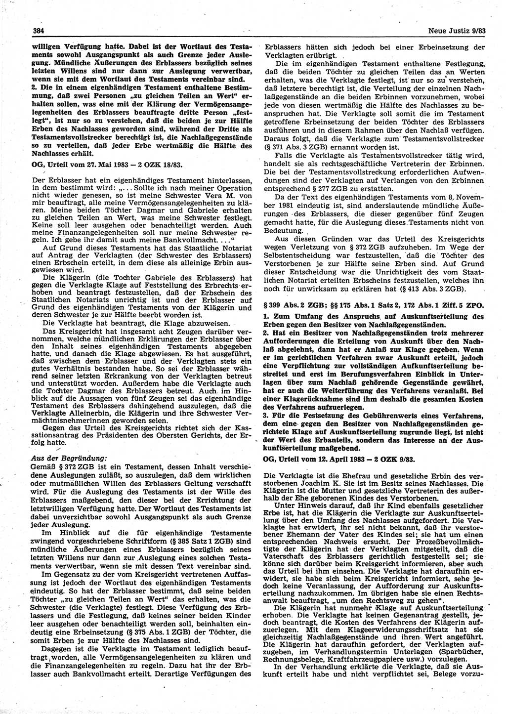 Neue Justiz (NJ), Zeitschrift für sozialistisches Recht und Gesetzlichkeit [Deutsche Demokratische Republik (DDR)], 37. Jahrgang 1983, Seite 384 (NJ DDR 1983, S. 384)
