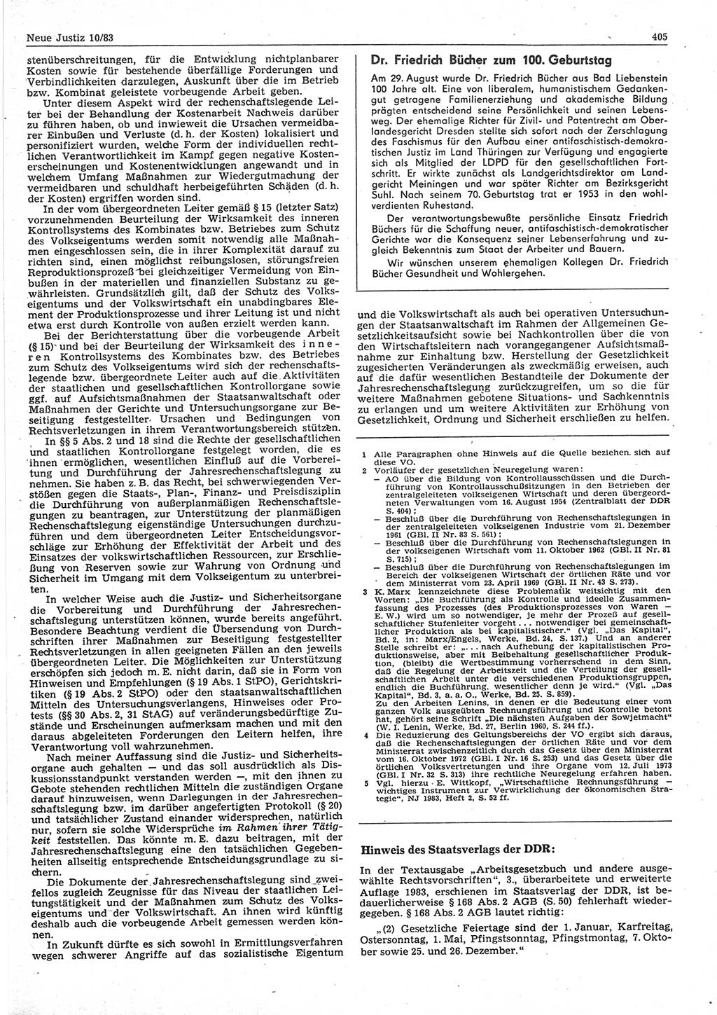 Neue Justiz (NJ), Zeitschrift für sozialistisches Recht und Gesetzlichkeit [Deutsche Demokratische Republik (DDR)], 37. Jahrgang 1983, Seite 405 (NJ DDR 1983, S. 405)