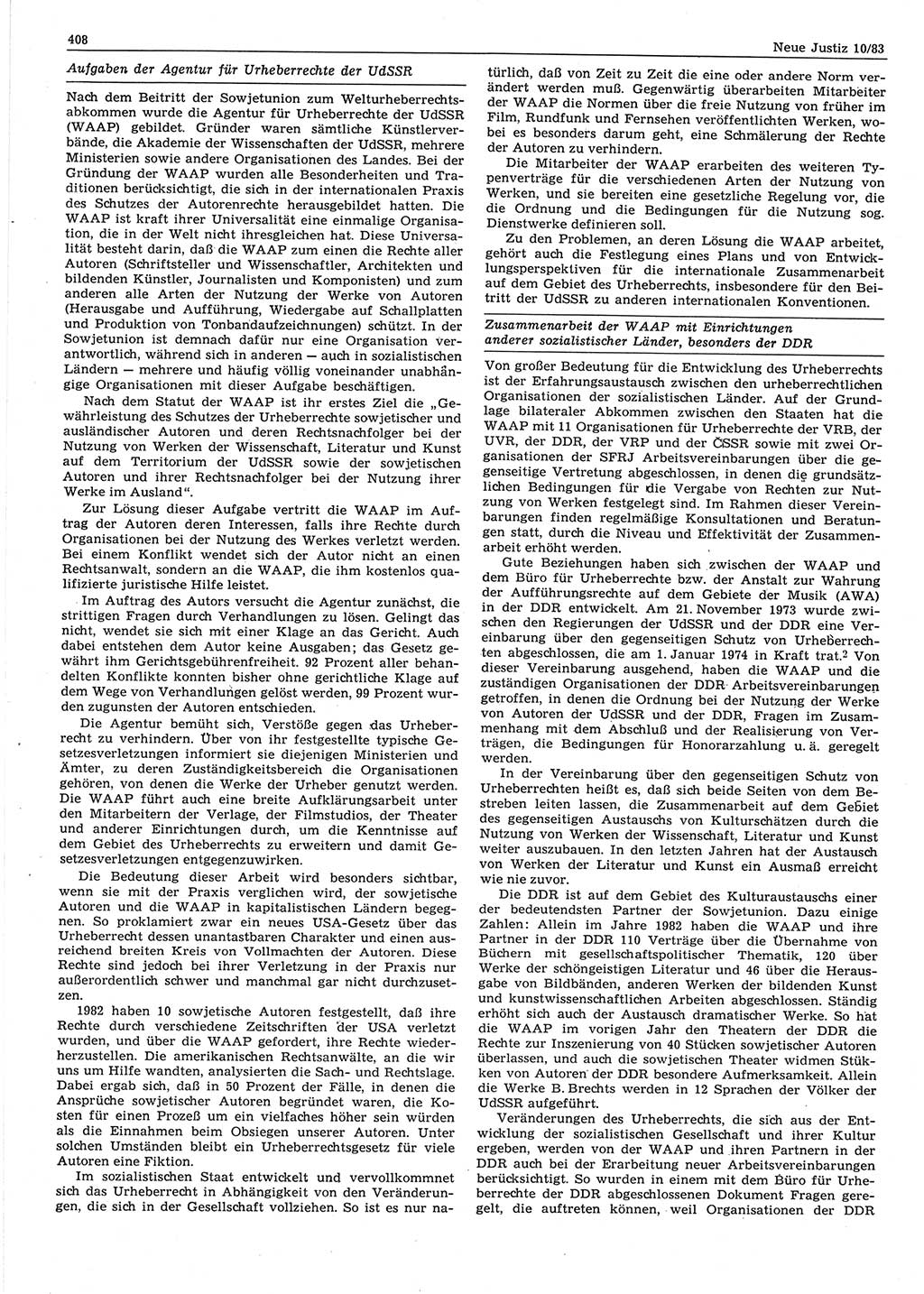 Neue Justiz (NJ), Zeitschrift für sozialistisches Recht und Gesetzlichkeit [Deutsche Demokratische Republik (DDR)], 37. Jahrgang 1983, Seite 408 (NJ DDR 1983, S. 408)
