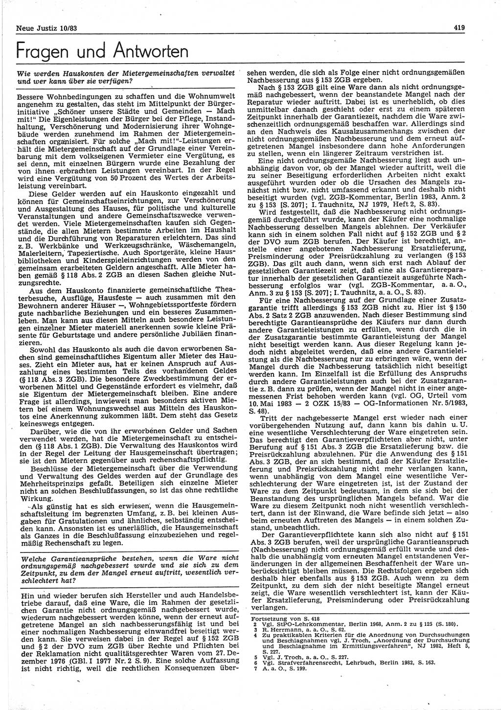 Neue Justiz (NJ), Zeitschrift für sozialistisches Recht und Gesetzlichkeit [Deutsche Demokratische Republik (DDR)], 37. Jahrgang 1983, Seite 419 (NJ DDR 1983, S. 419)