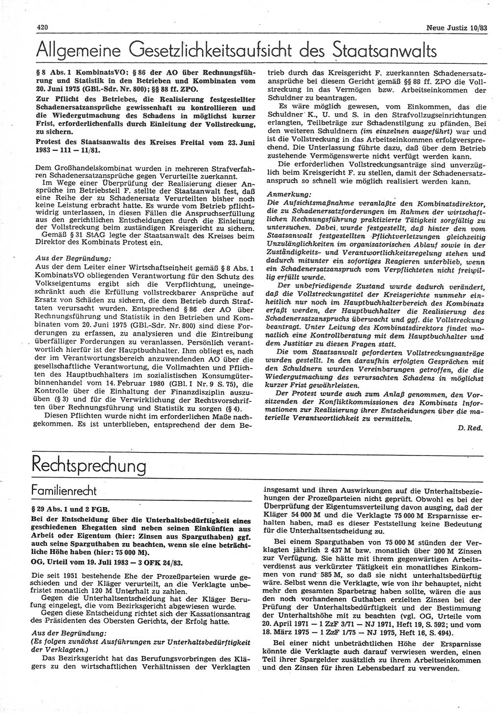 Neue Justiz (NJ), Zeitschrift für sozialistisches Recht und Gesetzlichkeit [Deutsche Demokratische Republik (DDR)], 37. Jahrgang 1983, Seite 420 (NJ DDR 1983, S. 420)