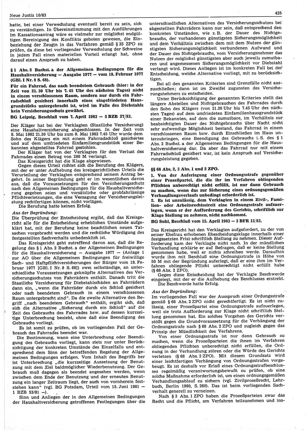 Neue Justiz (NJ), Zeitschrift für sozialistisches Recht und Gesetzlichkeit [Deutsche Demokratische Republik (DDR)], 37. Jahrgang 1983, Seite 425 (NJ DDR 1983, S. 425)