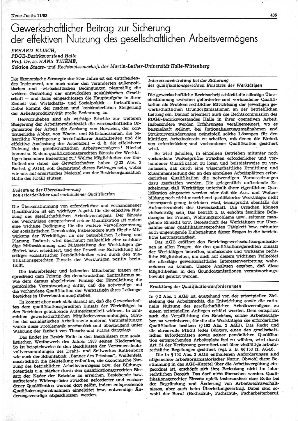 Neue Justiz (NJ), Zeitschrift für sozialistisches Recht und Gesetzlichkeit [Deutsche Demokratische Republik (DDR)], 37. Jahrgang 1983, Seite 435 (NJ DDR 1983, S. 435)