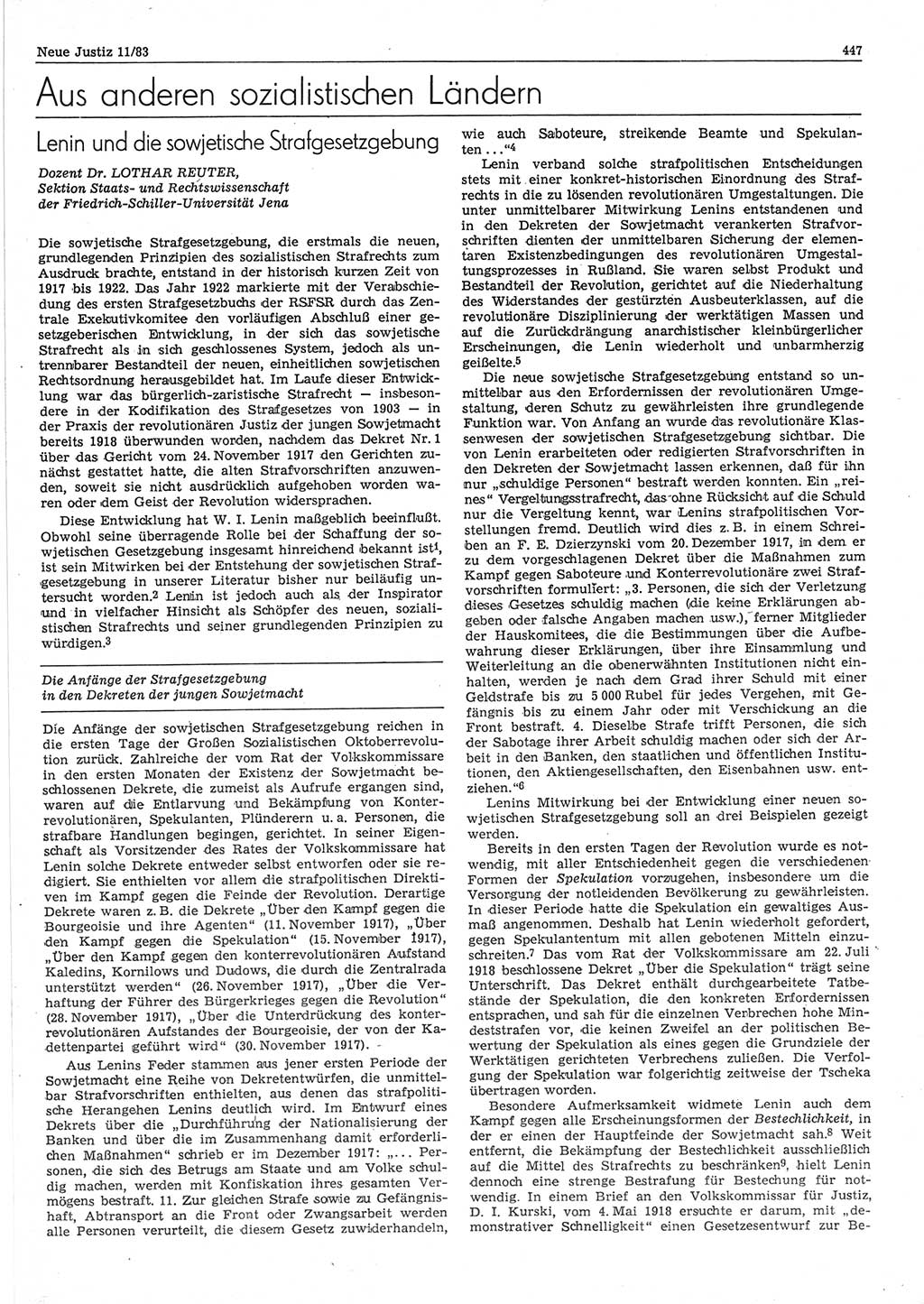 Neue Justiz (NJ), Zeitschrift für sozialistisches Recht und Gesetzlichkeit [Deutsche Demokratische Republik (DDR)], 37. Jahrgang 1983, Seite 447 (NJ DDR 1983, S. 447)