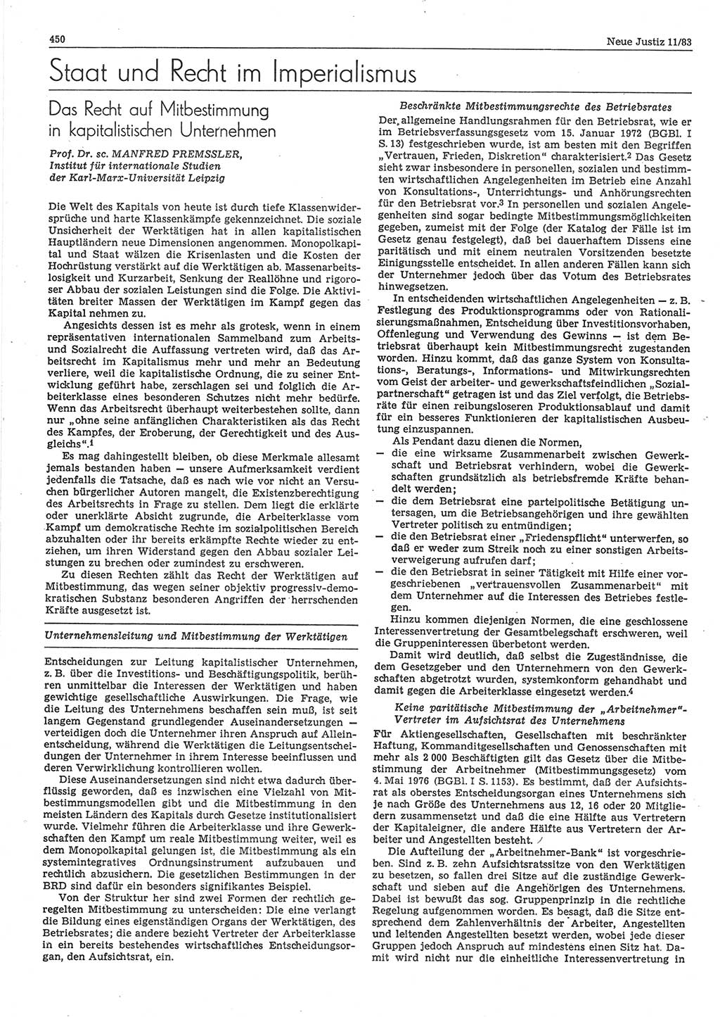 Neue Justiz (NJ), Zeitschrift für sozialistisches Recht und Gesetzlichkeit [Deutsche Demokratische Republik (DDR)], 37. Jahrgang 1983, Seite 450 (NJ DDR 1983, S. 450)