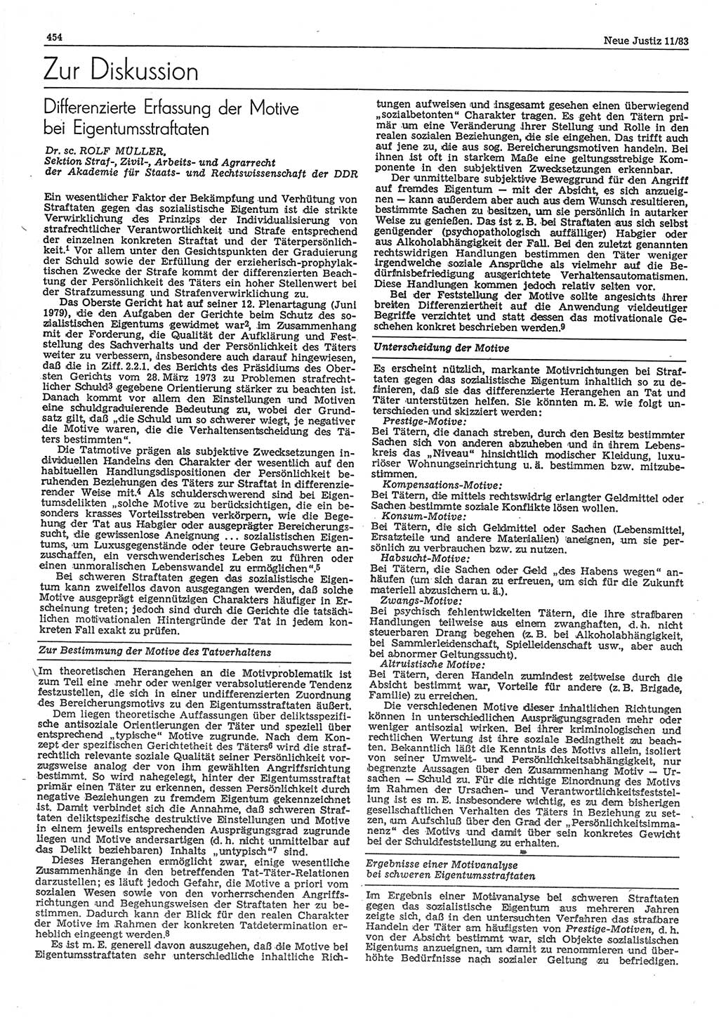 Neue Justiz (NJ), Zeitschrift für sozialistisches Recht und Gesetzlichkeit [Deutsche Demokratische Republik (DDR)], 37. Jahrgang 1983, Seite 454 (NJ DDR 1983, S. 454)