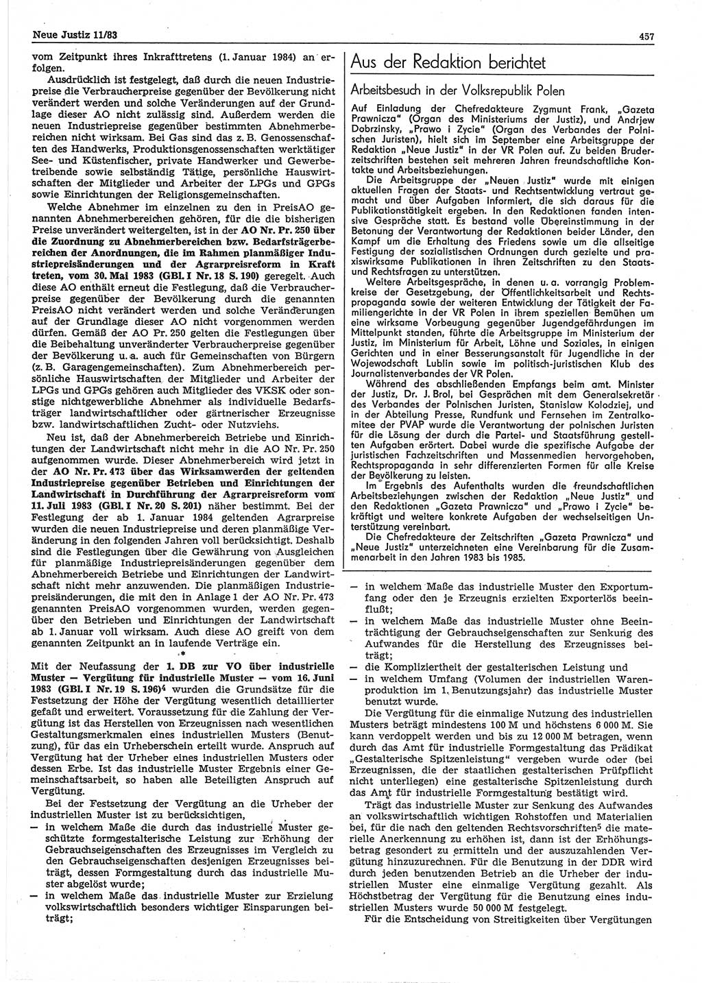 Neue Justiz (NJ), Zeitschrift für sozialistisches Recht und Gesetzlichkeit [Deutsche Demokratische Republik (DDR)], 37. Jahrgang 1983, Seite 457 (NJ DDR 1983, S. 457)