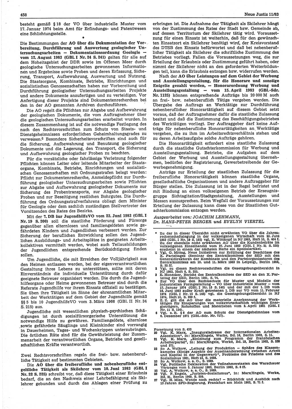 Neue Justiz (NJ), Zeitschrift für sozialistisches Recht und Gesetzlichkeit [Deutsche Demokratische Republik (DDR)], 37. Jahrgang 1983, Seite 458 (NJ DDR 1983, S. 458)