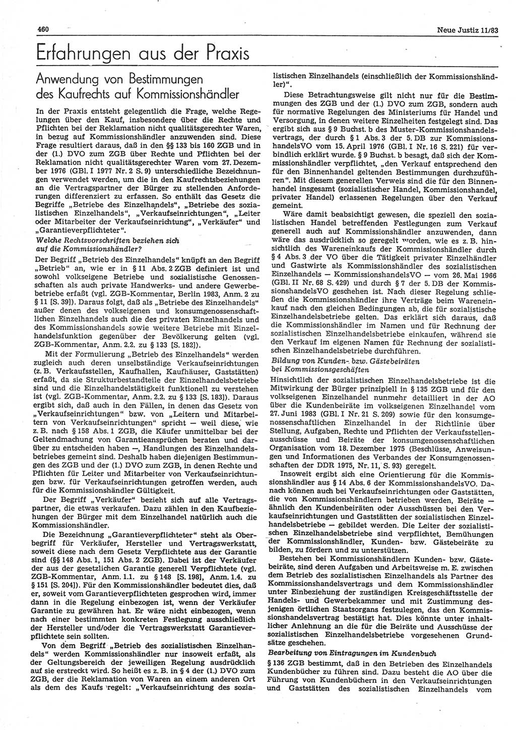 Neue Justiz (NJ), Zeitschrift für sozialistisches Recht und Gesetzlichkeit [Deutsche Demokratische Republik (DDR)], 37. Jahrgang 1983, Seite 460 (NJ DDR 1983, S. 460)
