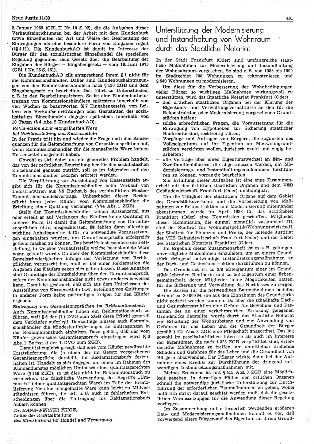 Neue Justiz (NJ), Zeitschrift für sozialistisches Recht und Gesetzlichkeit [Deutsche Demokratische Republik (DDR)], 37. Jahrgang 1983, Seite 461 (NJ DDR 1983, S. 461)