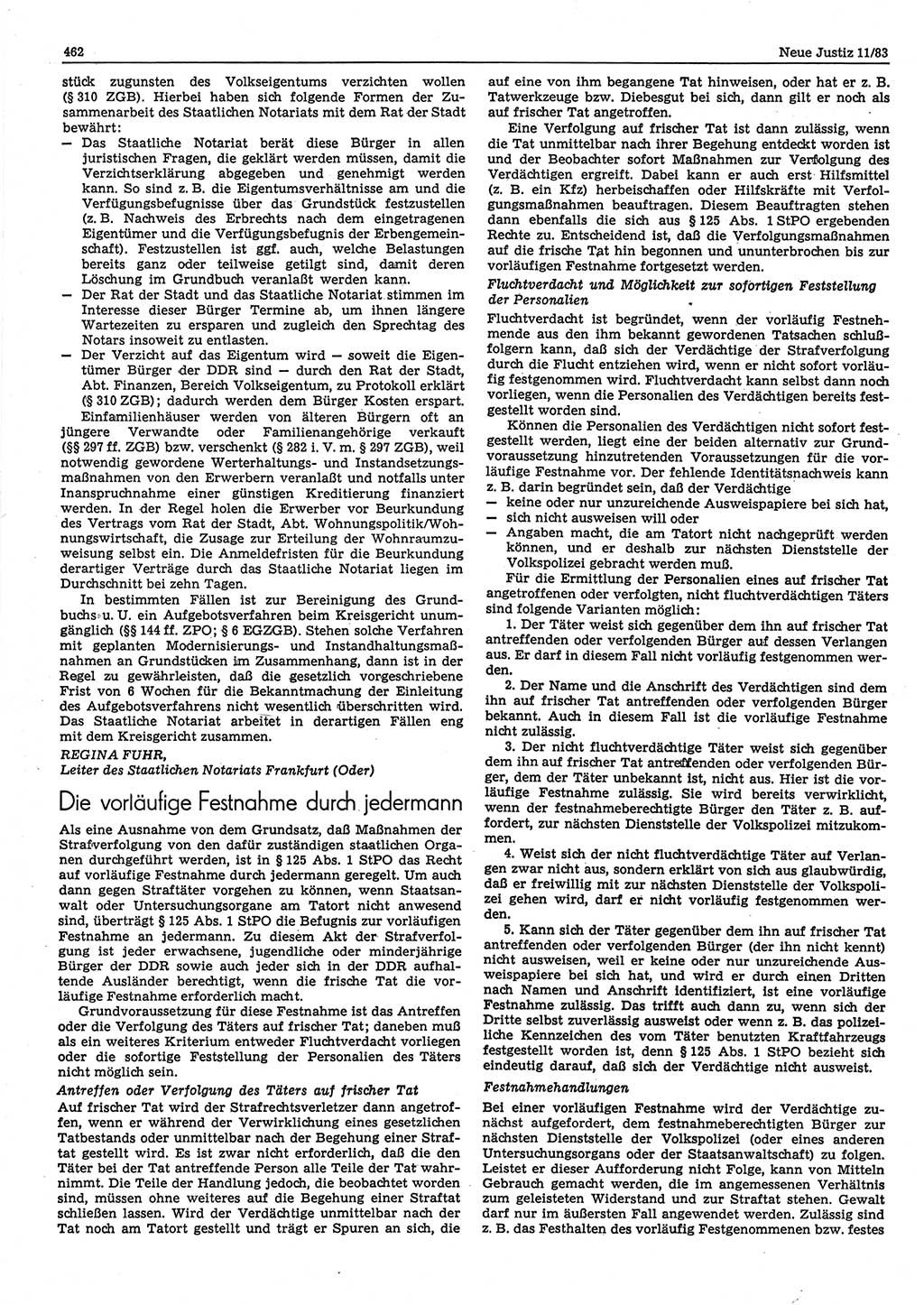 Neue Justiz (NJ), Zeitschrift für sozialistisches Recht und Gesetzlichkeit [Deutsche Demokratische Republik (DDR)], 37. Jahrgang 1983, Seite 462 (NJ DDR 1983, S. 462)