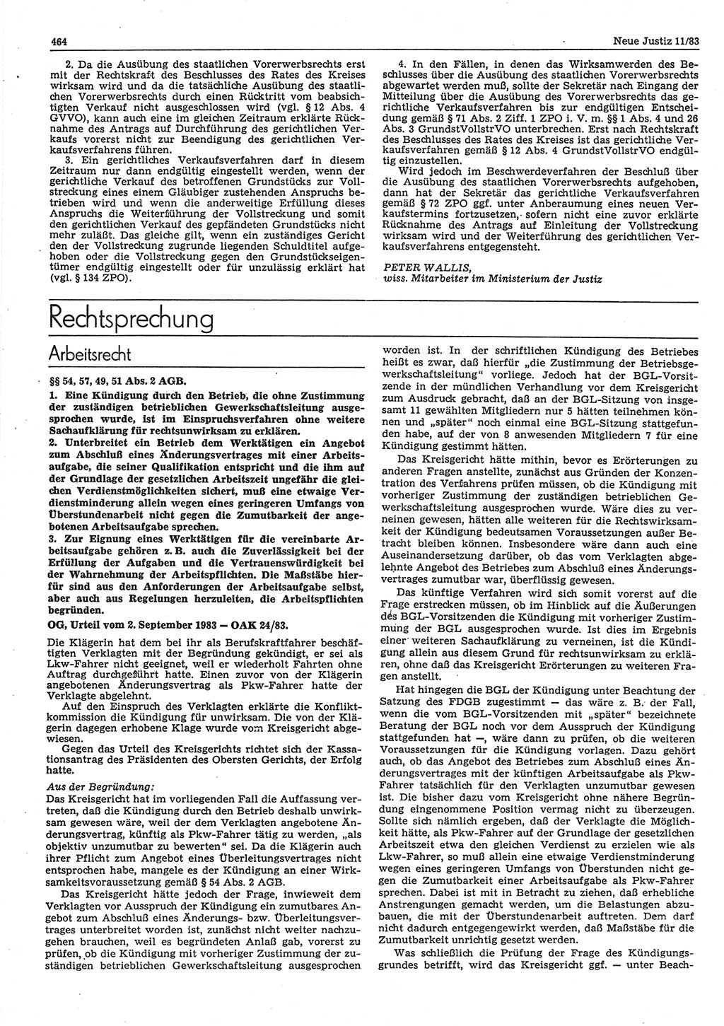 Neue Justiz (NJ), Zeitschrift für sozialistisches Recht und Gesetzlichkeit [Deutsche Demokratische Republik (DDR)], 37. Jahrgang 1983, Seite 464 (NJ DDR 1983, S. 464)