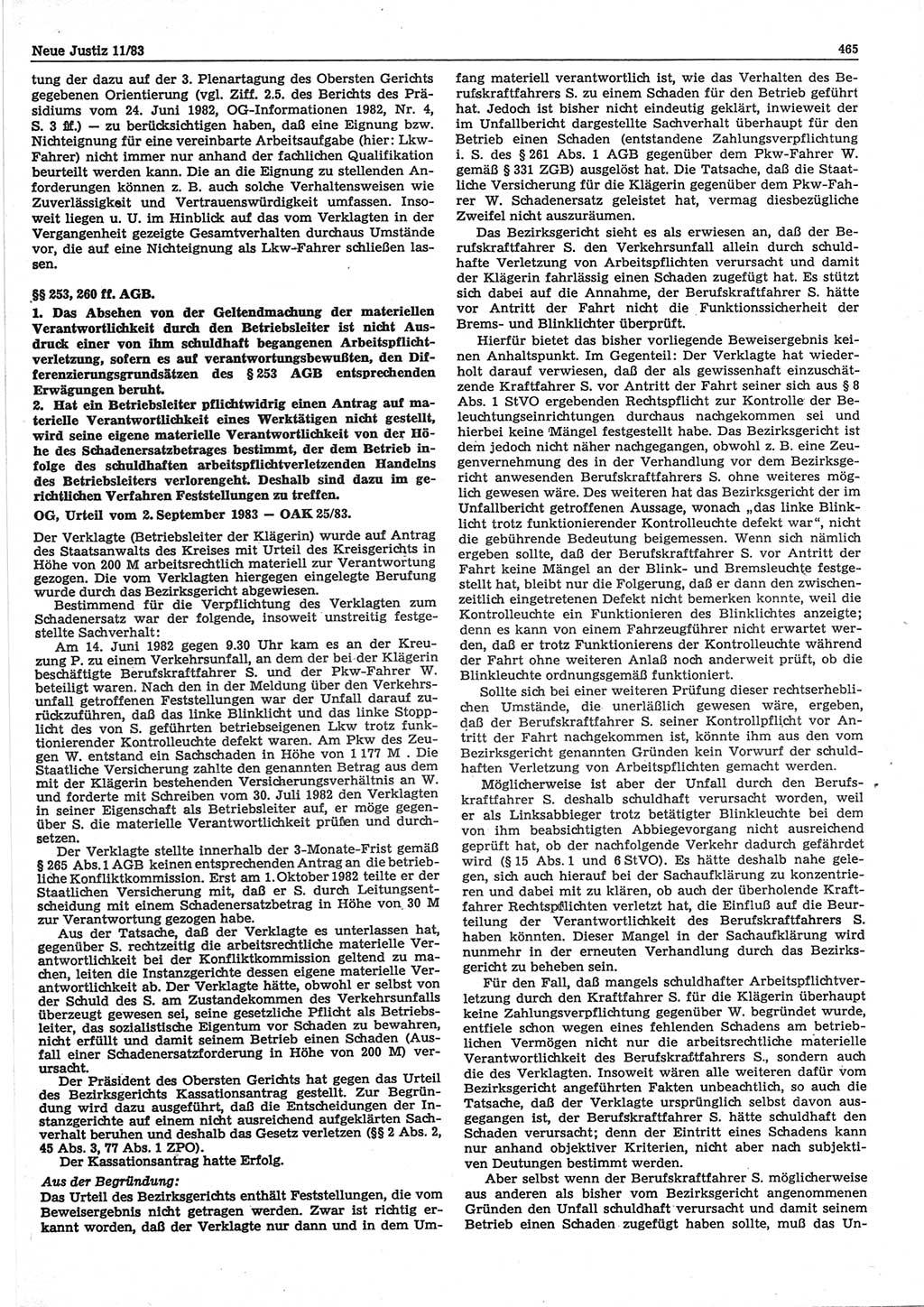 Neue Justiz (NJ), Zeitschrift für sozialistisches Recht und Gesetzlichkeit [Deutsche Demokratische Republik (DDR)], 37. Jahrgang 1983, Seite 465 (NJ DDR 1983, S. 465)