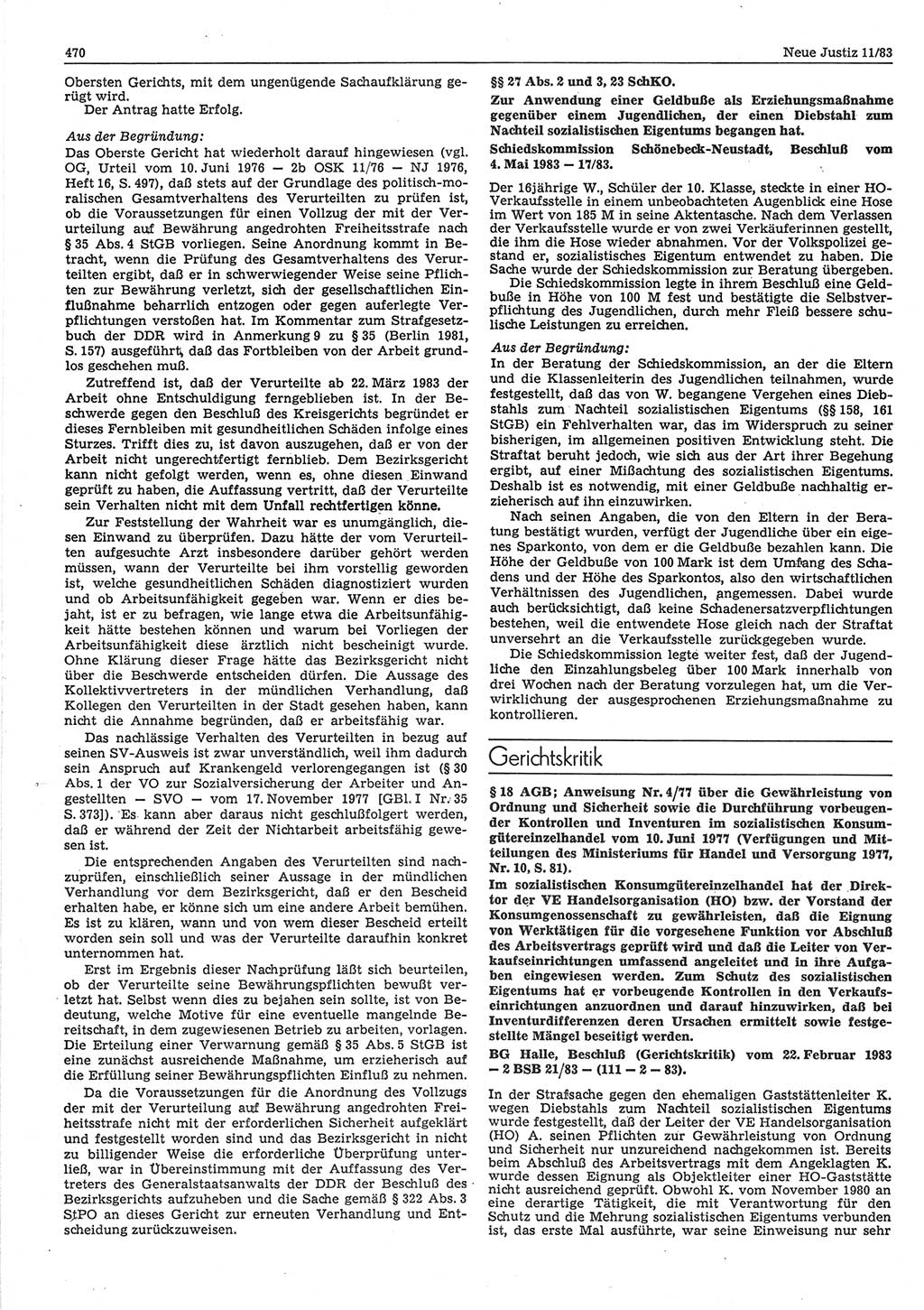 Neue Justiz (NJ), Zeitschrift für sozialistisches Recht und Gesetzlichkeit [Deutsche Demokratische Republik (DDR)], 37. Jahrgang 1983, Seite 470 (NJ DDR 1983, S. 470)