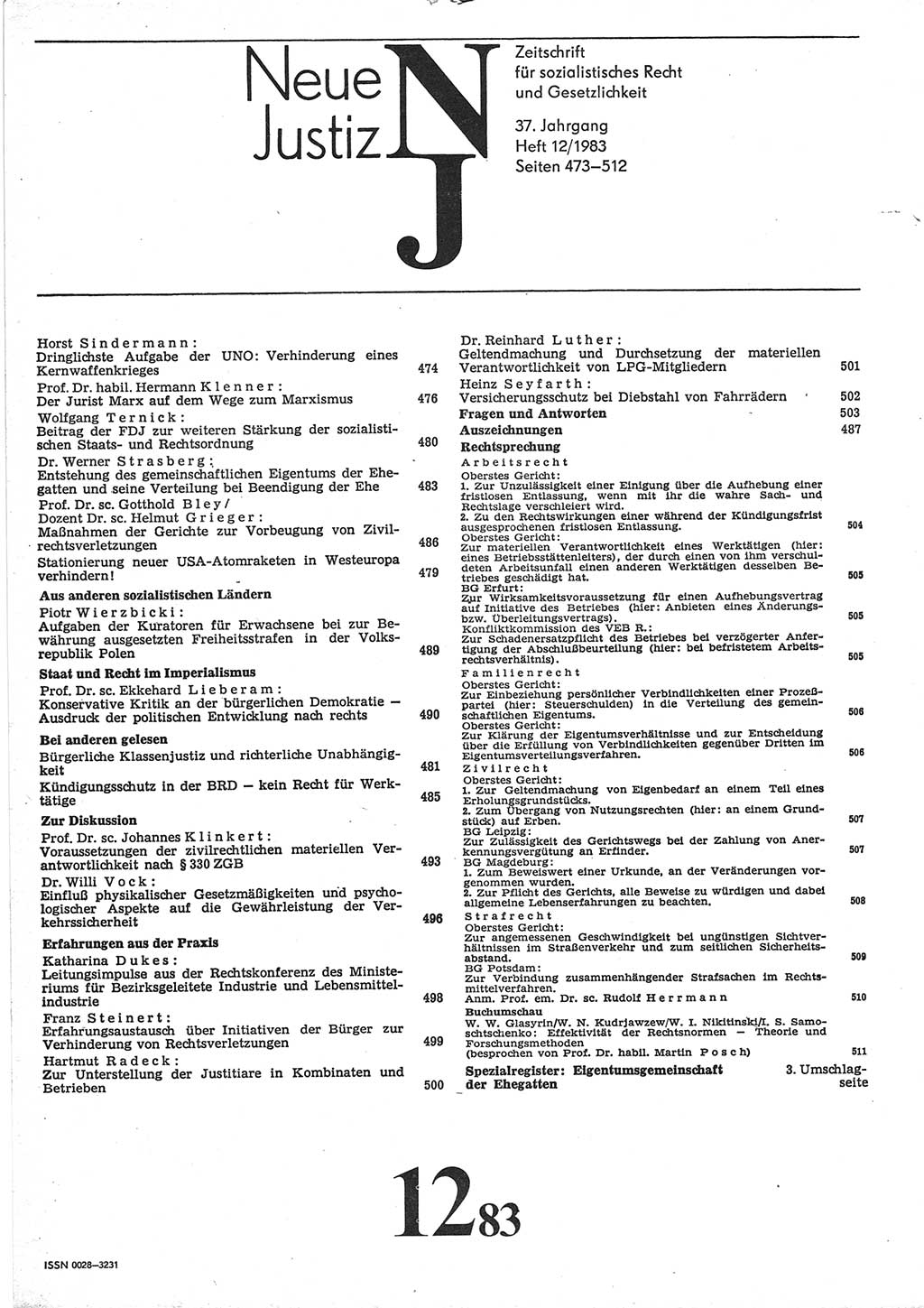 Neue Justiz (NJ), Zeitschrift für sozialistisches Recht und Gesetzlichkeit [Deutsche Demokratische Republik (DDR)], 37. Jahrgang 1983, Seite 473 (NJ DDR 1983, S. 473)