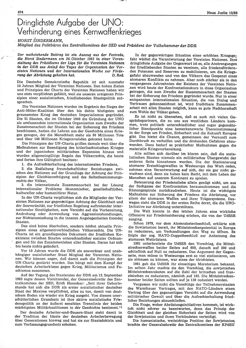 Neue Justiz (NJ), Zeitschrift für sozialistisches Recht und Gesetzlichkeit [Deutsche Demokratische Republik (DDR)], 37. Jahrgang 1983, Seite 474 (NJ DDR 1983, S. 474)