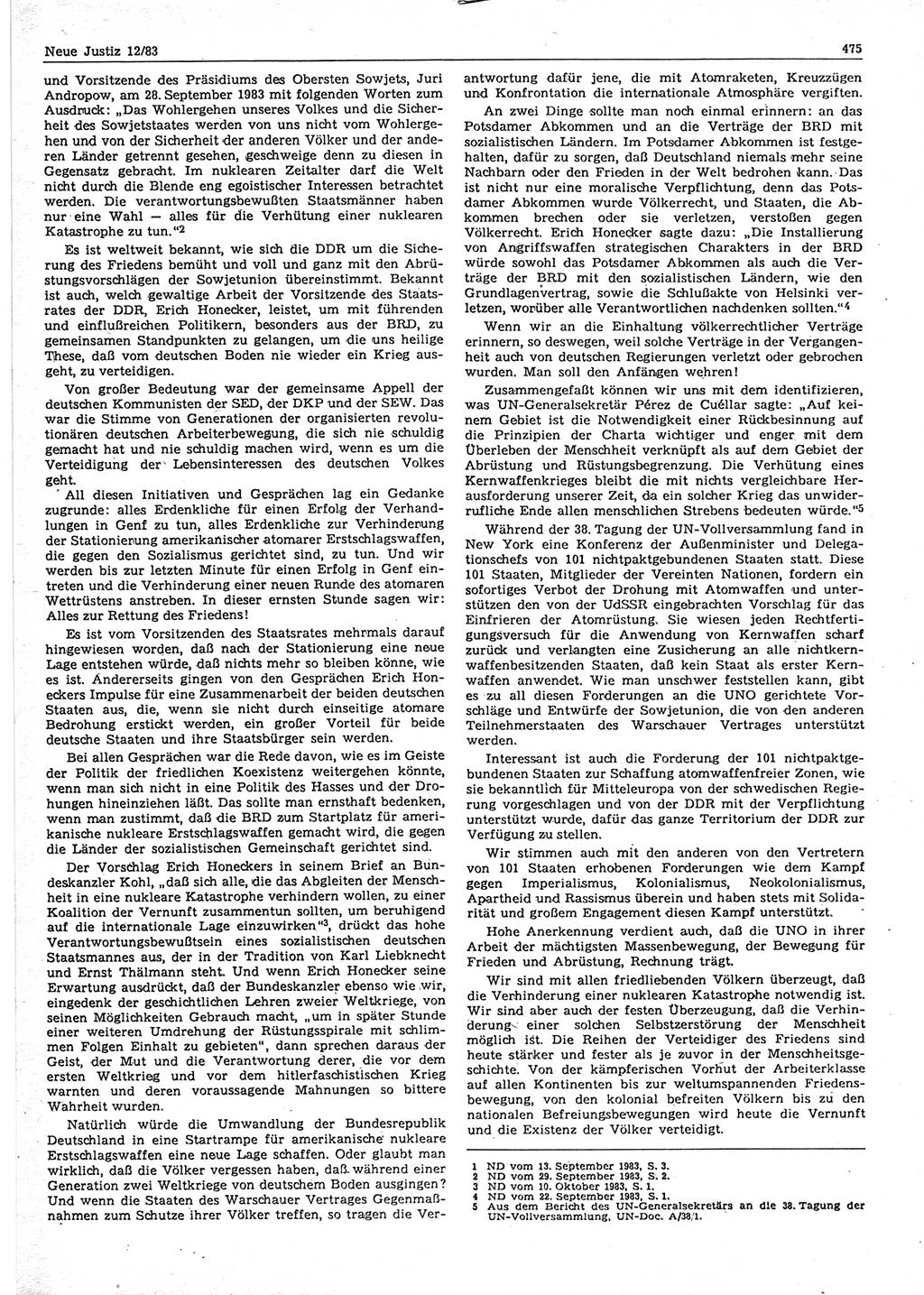 Neue Justiz (NJ), Zeitschrift für sozialistisches Recht und Gesetzlichkeit [Deutsche Demokratische Republik (DDR)], 37. Jahrgang 1983, Seite 475 (NJ DDR 1983, S. 475)