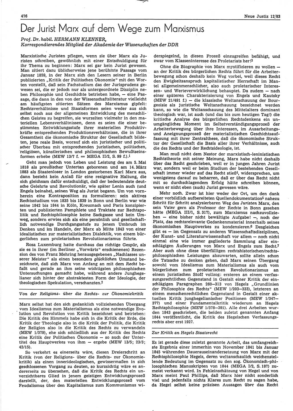 Neue Justiz (NJ), Zeitschrift für sozialistisches Recht und Gesetzlichkeit [Deutsche Demokratische Republik (DDR)], 37. Jahrgang 1983, Seite 476 (NJ DDR 1983, S. 476)
