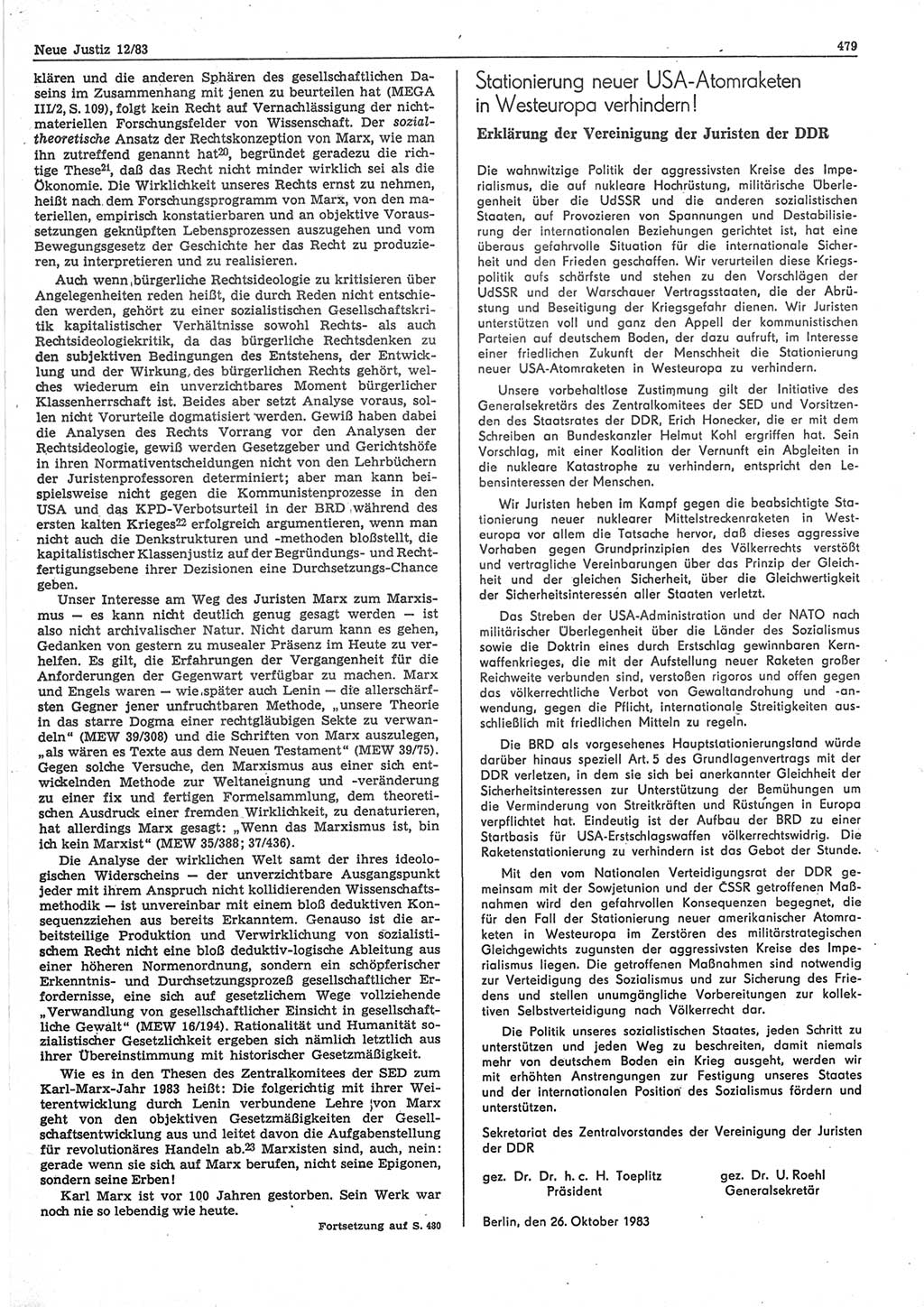 Neue Justiz (NJ), Zeitschrift für sozialistisches Recht und Gesetzlichkeit [Deutsche Demokratische Republik (DDR)], 37. Jahrgang 1983, Seite 479 (NJ DDR 1983, S. 479)